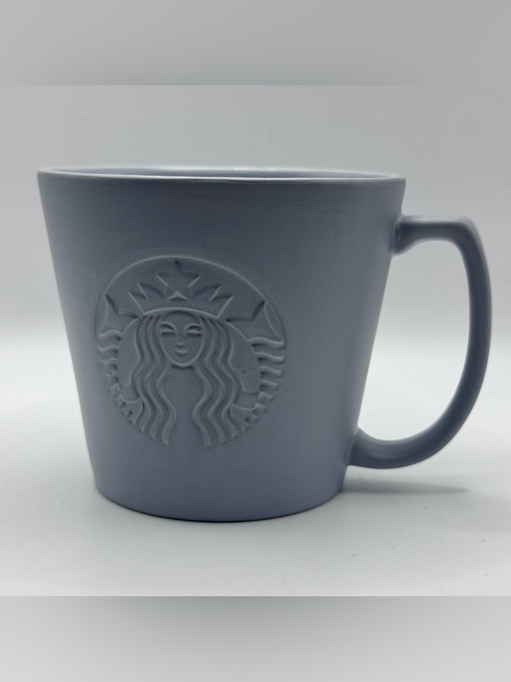 STARBUCKS 2019 Matte Gray Coffee Mug, Embossed, Siren, Wide Mouth, 12 oz